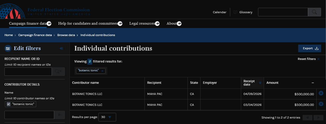 FEC receipts search showing two $500,000 receipts from Botanic Tonics LLC to MAHA PAC.